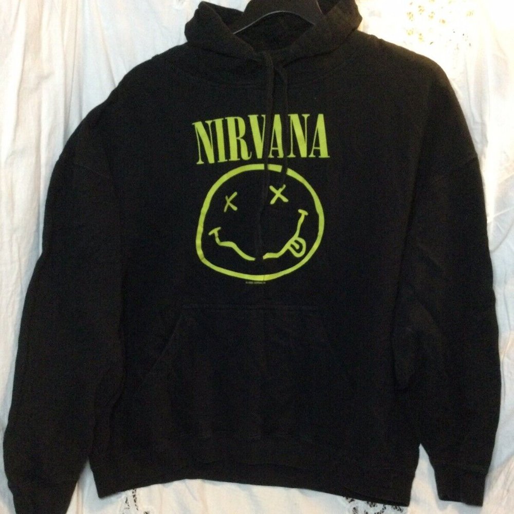 Nirvana Kurt Cobain Smile Hoodie Vtg 1992 90s Black Yellow Smiley Face 2XL TULEX